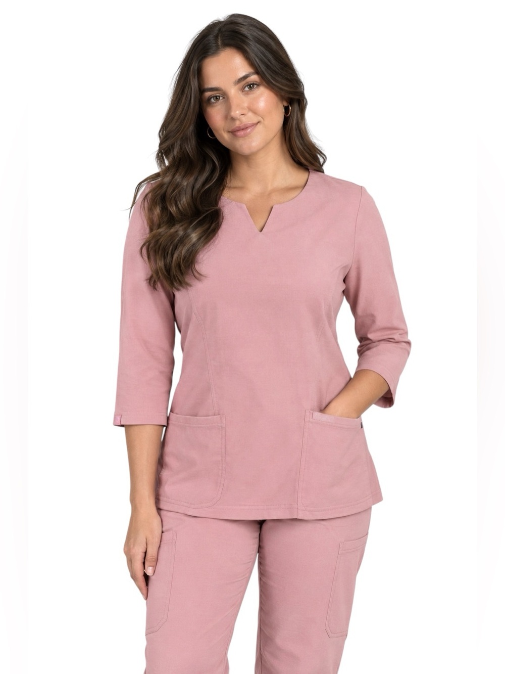 Jaanuu Zoe Slim 3/4-Sleeve Scrub Top Notched Neck Pink NWT Size S
